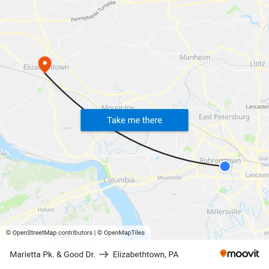 Marietta Pk. & Good Dr. to Elizabethtown, PA map