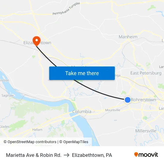 Marietta Ave & Robin Rd. to Elizabethtown, PA map