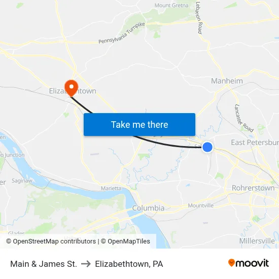 Main & James St. to Elizabethtown, PA map