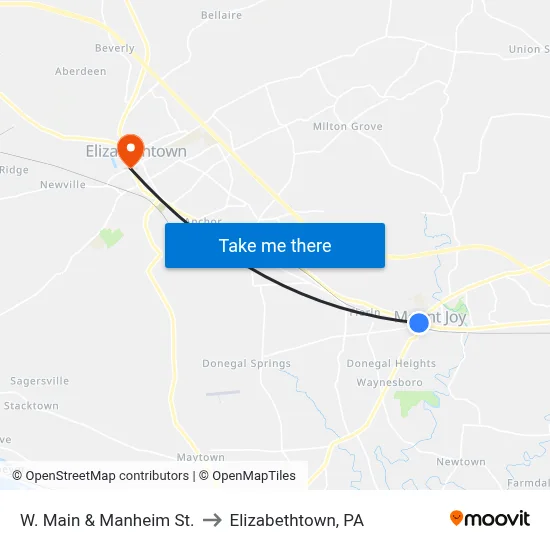 W. Main & Manheim St. to Elizabethtown, PA map