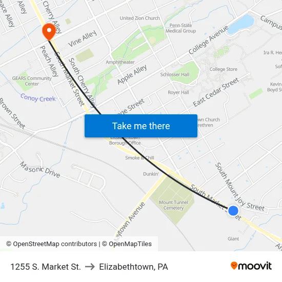 1255 S. Market St. to Elizabethtown, PA map