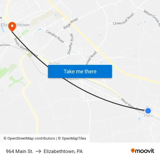 964 Main St. to Elizabethtown, PA map