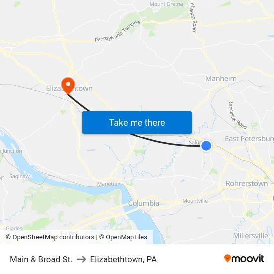 Main & Broad St. to Elizabethtown, PA map