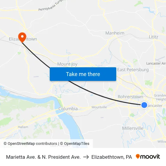 Marietta Ave. & N. President Ave. to Elizabethtown, PA map