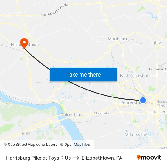 Harrisburg Pike at Toys R Us to Elizabethtown, PA map