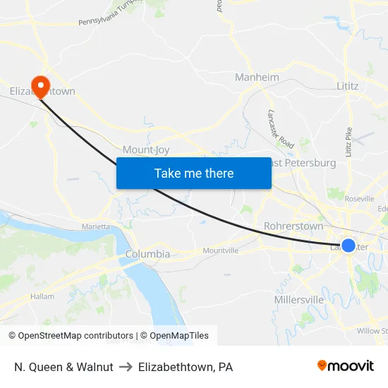 N. Queen & Walnut to Elizabethtown, PA map