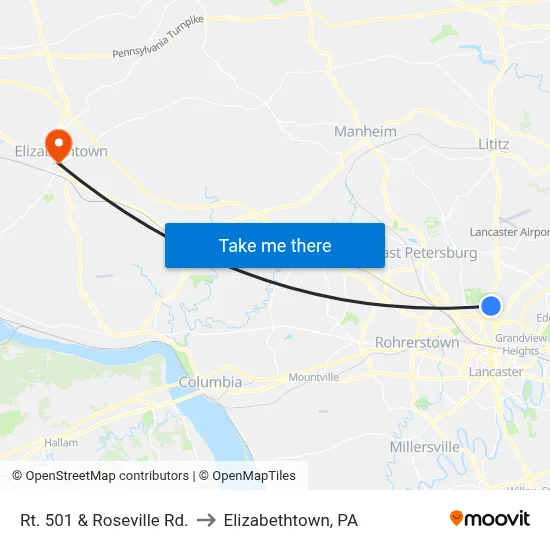 Rt. 501 & Roseville Rd. to Elizabethtown, PA map