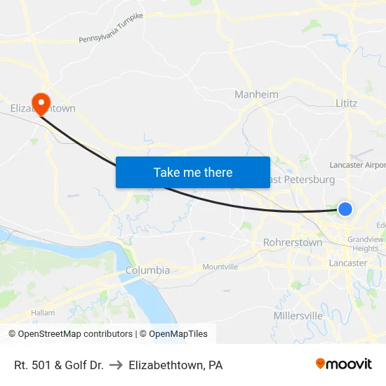 Rt. 501 & Golf Dr. to Elizabethtown, PA map