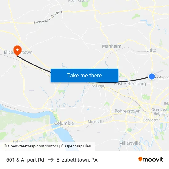 501 & Airport Rd. to Elizabethtown, PA map