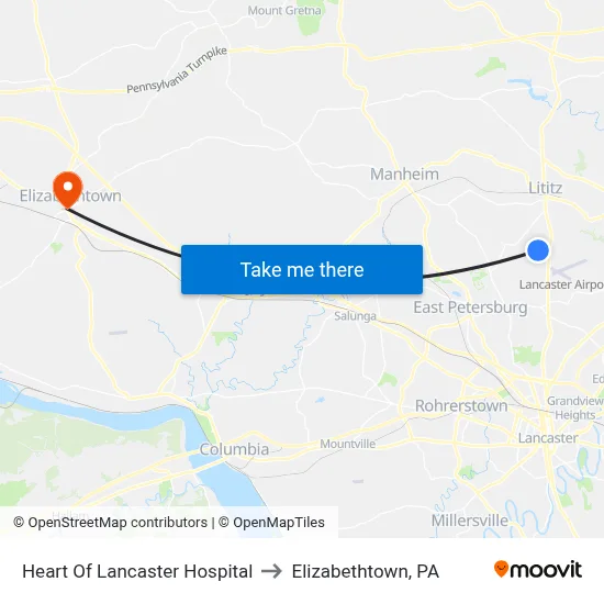 Heart Of Lancaster Hospital to Elizabethtown, PA map