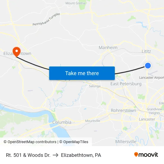 Rt. 501 & Woods Dr. to Elizabethtown, PA map