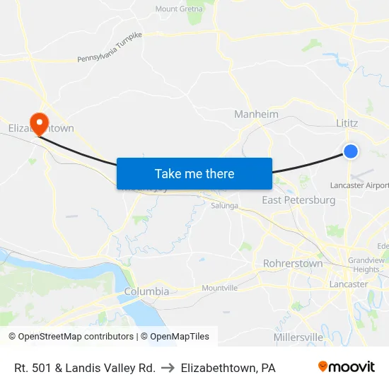 Rt. 501 & Landis Valley Rd. to Elizabethtown, PA map