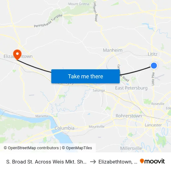 S. Broad St. Across Weis Mkt. Shelter to Elizabethtown, PA map
