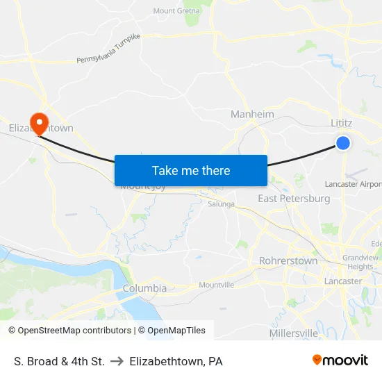 S. Broad & 4th St. to Elizabethtown, PA map
