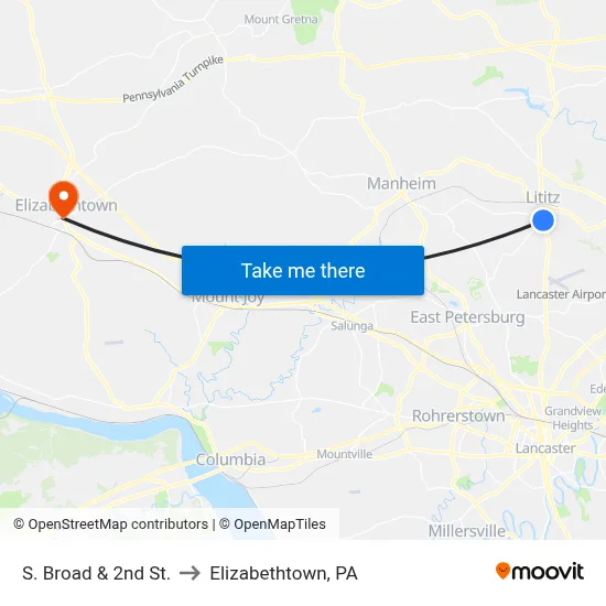 S. Broad & 2nd St. to Elizabethtown, PA map