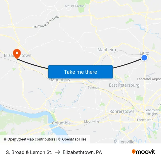 S. Broad & Lemon St. to Elizabethtown, PA map