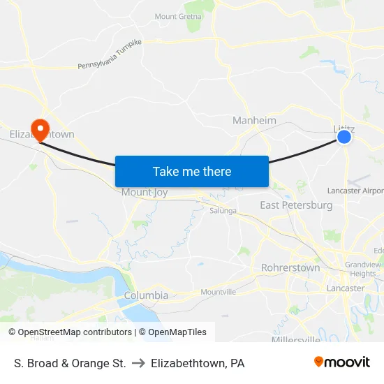 S. Broad & Orange St. to Elizabethtown, PA map