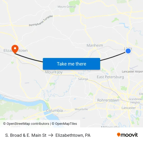 S. Broad & E. Main St to Elizabethtown, PA map