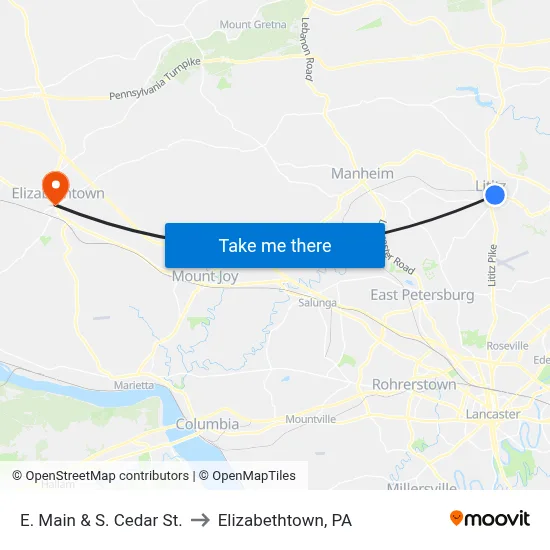 E. Main & S. Cedar St. to Elizabethtown, PA map