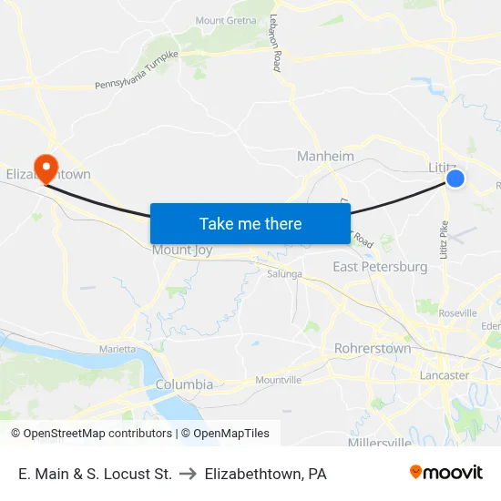 E. Main & S. Locust St. to Elizabethtown, PA map