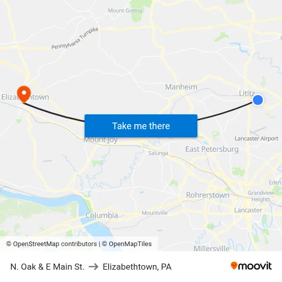 N. Oak & E Main St. to Elizabethtown, PA map