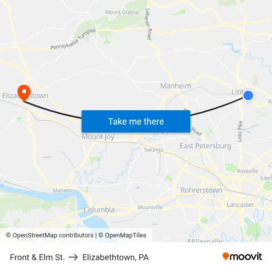Front & Elm St. to Elizabethtown, PA map