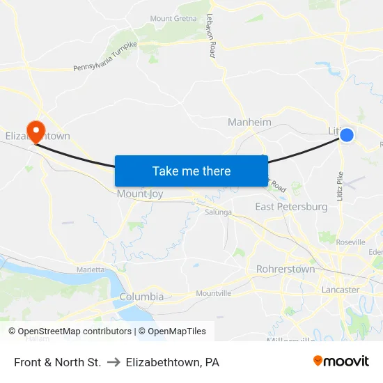Front & North St. to Elizabethtown, PA map