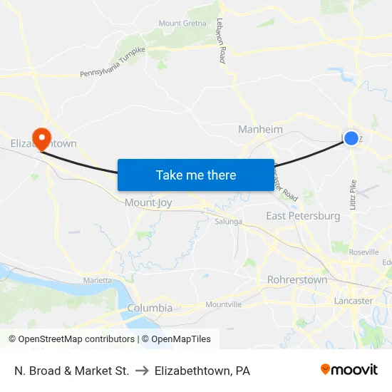 N. Broad & Market St. to Elizabethtown, PA map