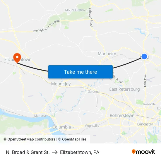 N. Broad & Grant St. to Elizabethtown, PA map