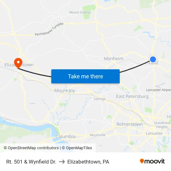 Rt. 501 & Wynfield Dr. to Elizabethtown, PA map