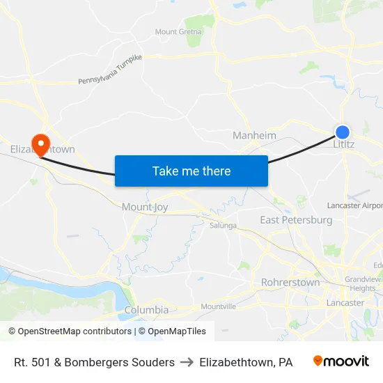 Rt. 501 & Bombergers Souders to Elizabethtown, PA map