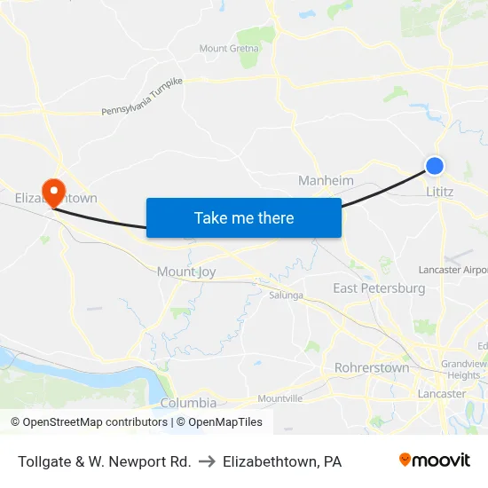 Tollgate & W. Newport Rd. to Elizabethtown, PA map