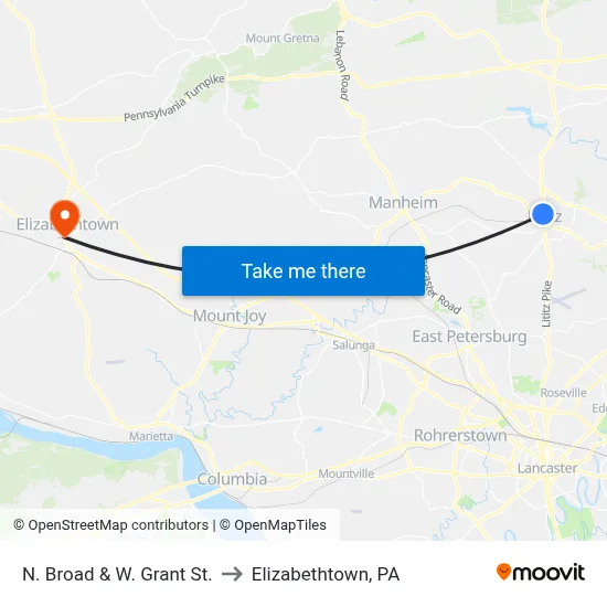 N. Broad & W. Grant St. to Elizabethtown, PA map