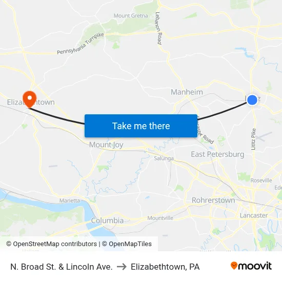 N. Broad St. & Lincoln Ave. to Elizabethtown, PA map