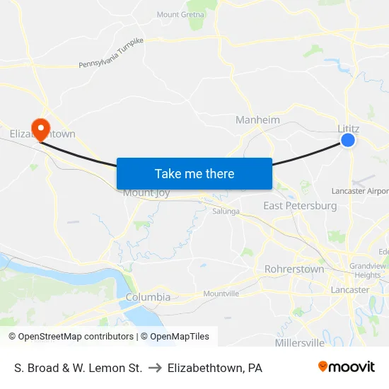 S. Broad & W. Lemon St. to Elizabethtown, PA map