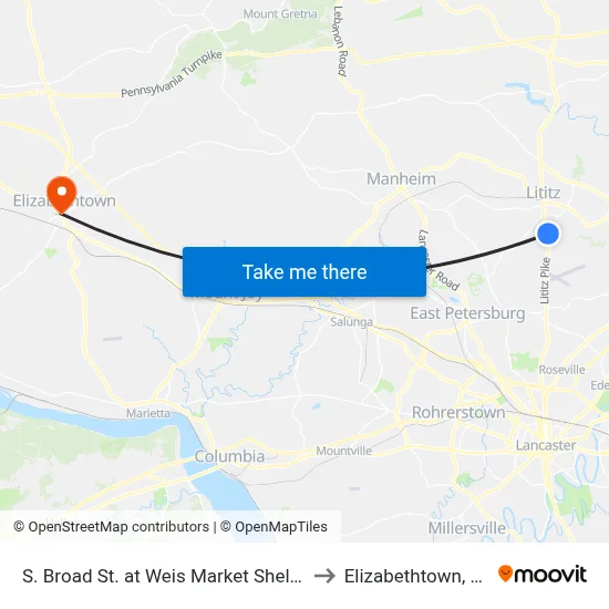 S. Broad St. at Weis Market Shelter to Elizabethtown, PA map