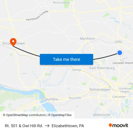 Rt. 501 & Owl Hill Rd. to Elizabethtown, PA map
