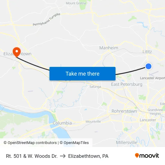 Rt. 501 & W. Woods Dr. to Elizabethtown, PA map