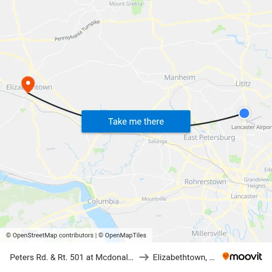Peters Rd. & Rt. 501 at Mcdonalds to Elizabethtown, PA map