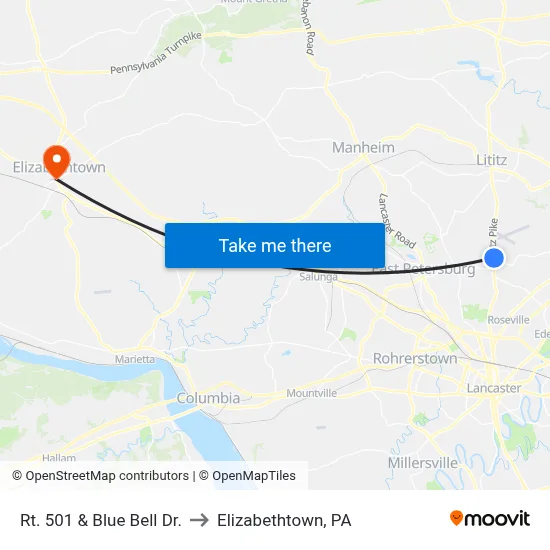Rt. 501 & Blue Bell Dr. to Elizabethtown, PA map