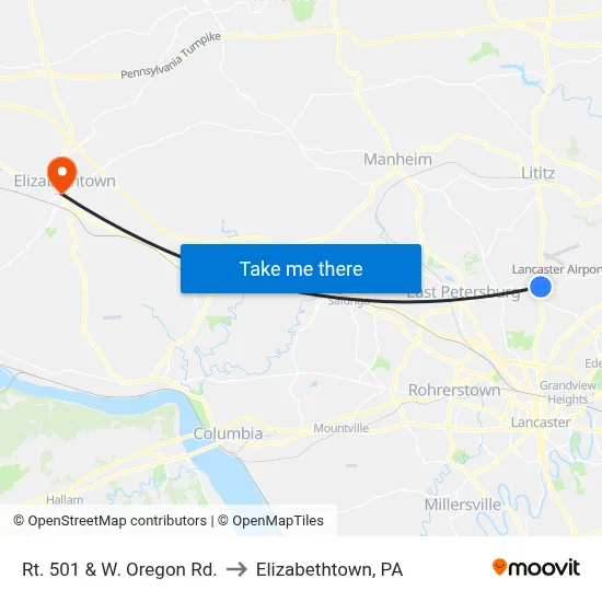Rt. 501 & W. Oregon Rd. to Elizabethtown, PA map