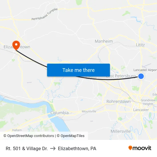 Rt. 501 & Village Dr. to Elizabethtown, PA map