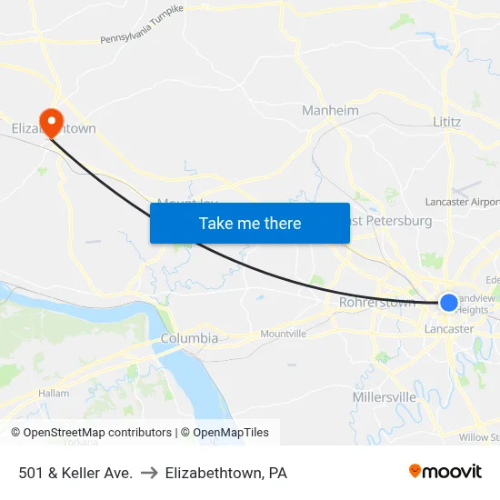 501 & Keller Ave. to Elizabethtown, PA map