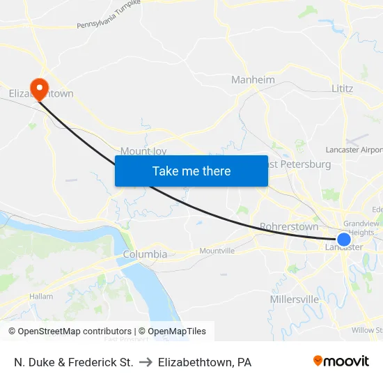 N. Duke & Frederick St. to Elizabethtown, PA map