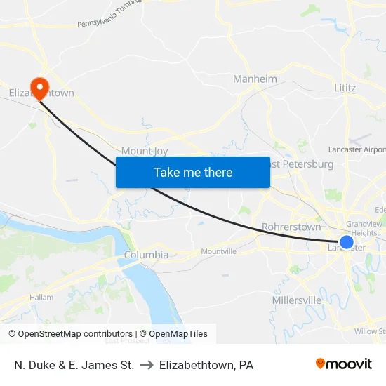 N. Duke & E. James St. to Elizabethtown, PA map