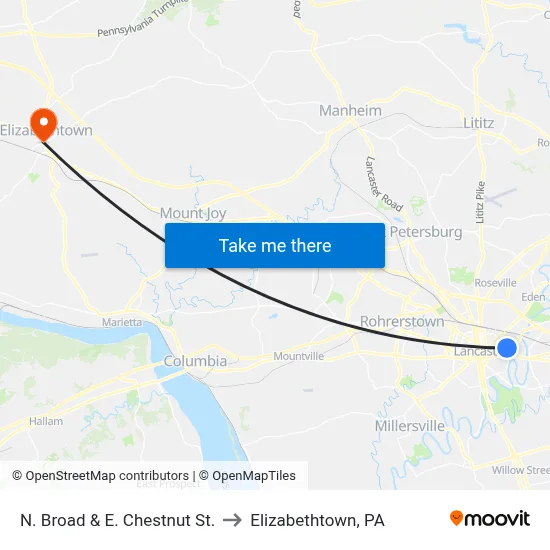 N. Broad & E. Chestnut St. to Elizabethtown, PA map