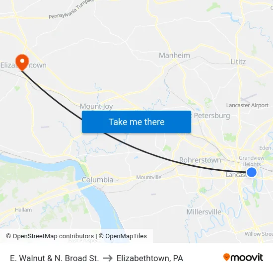 E. Walnut & N. Broad St. to Elizabethtown, PA map