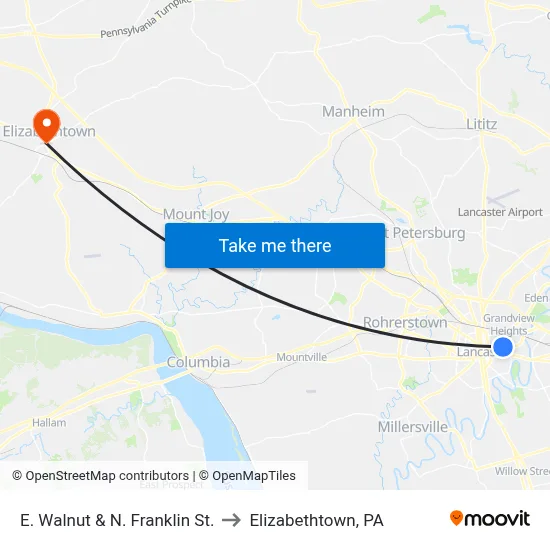 E. Walnut & N. Franklin St. to Elizabethtown, PA map