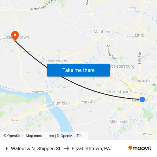 E. Walnut & N. Shippen St. to Elizabethtown, PA map