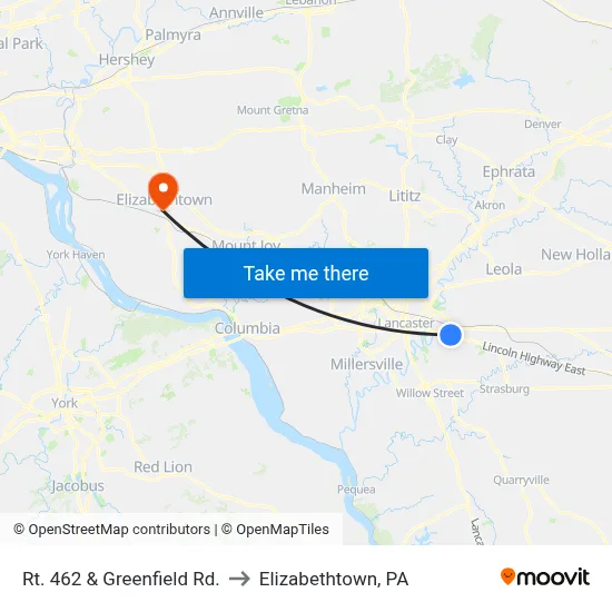 Rt. 462 & Greenfield Rd. to Elizabethtown, PA map